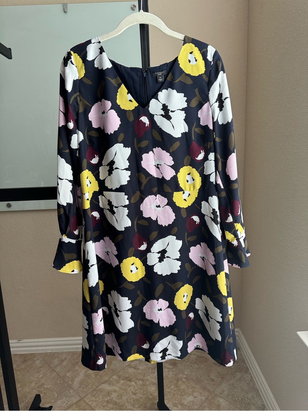 Ann Taylor Black Floral Long-Sleeve A-Line Dress with Pink & Yellow Blooms